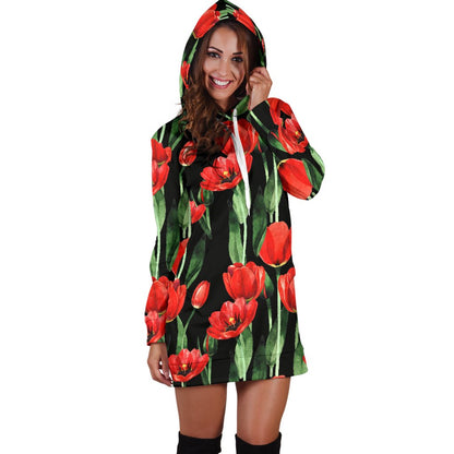 Tulip Red Pattern Print Design TP03 Women Hoodie Dress