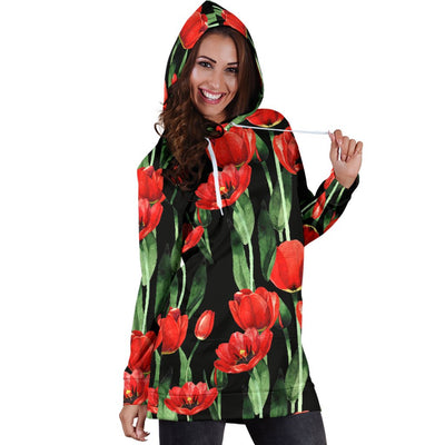 Tulip Red Pattern Print Design TP03 Women Hoodie Dress