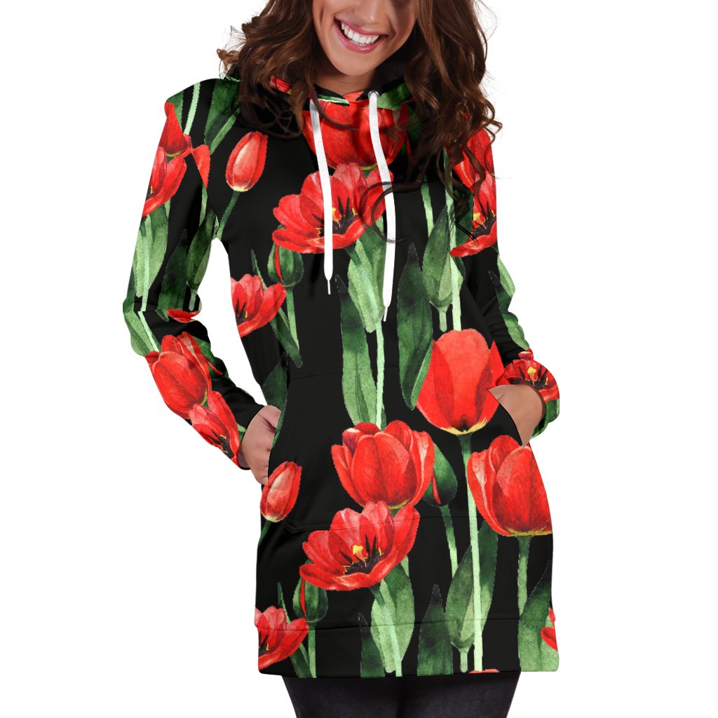 Tulip Red Pattern Print Design TP03 Women Hoodie Dress