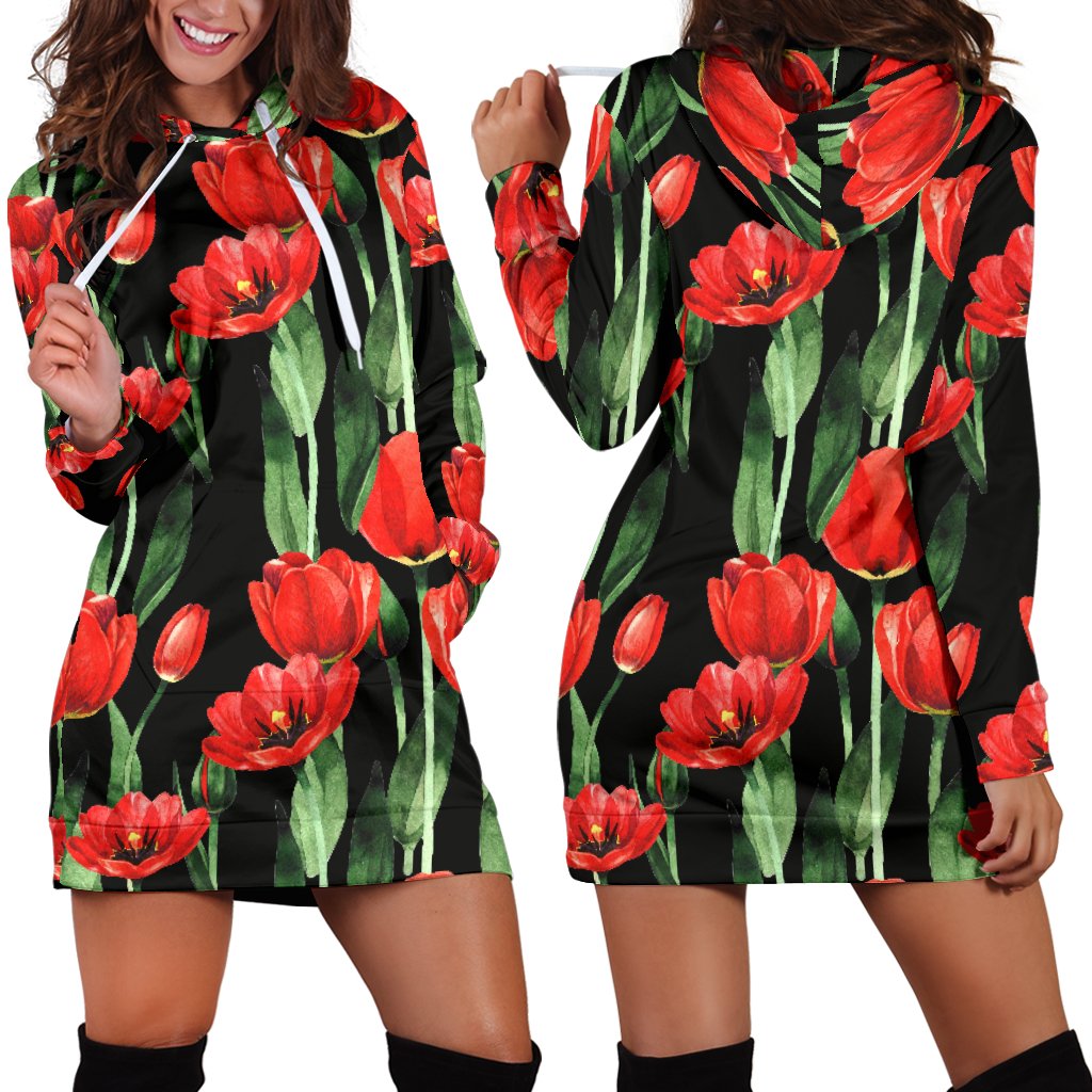 Tulip Red Pattern Print Design TP03 Women Hoodie Dress