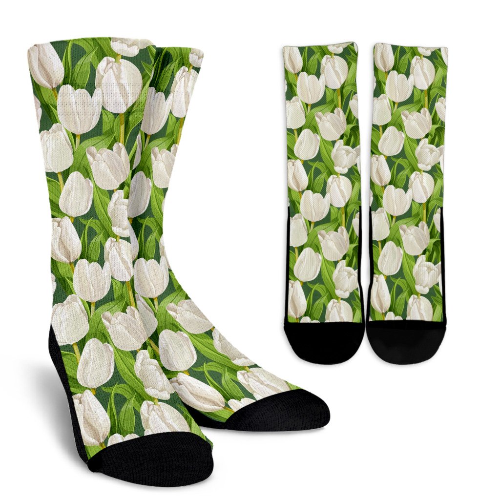 Tulip White Pattern Print Design TP05 Crew Socks-JORJUNE.COM