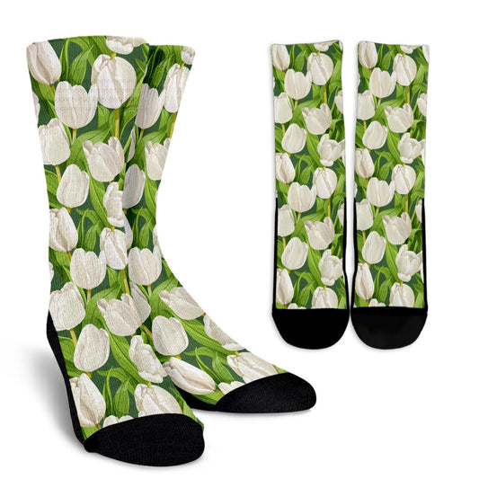 Tulip White Pattern Print Design TP05 Crew Socks-JORJUNE.COM