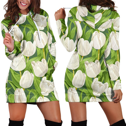 Tulip White Pattern Print Design TP05 Women Hoodie Dress