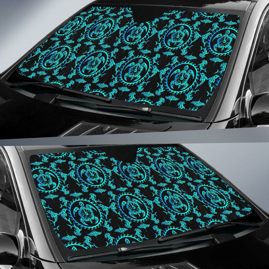 Turquoise Tribal Sea Turtle Hawaiian Car Sun Shade-JorJune