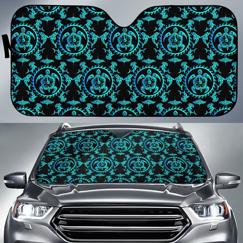 Turquoise Tribal Sea Turtle Hawaiian Car Sun Shade-JorJune