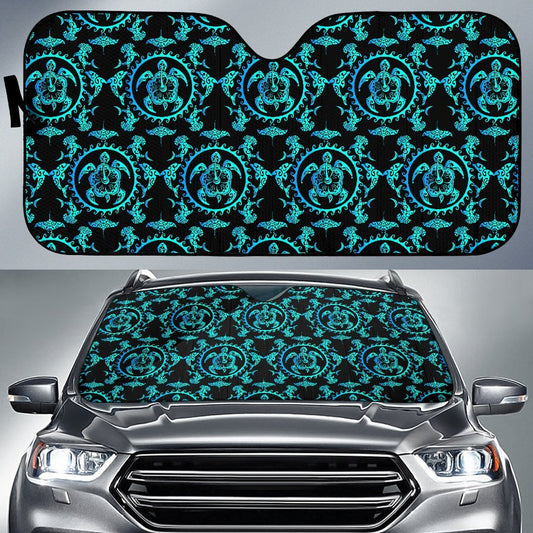 Turquoise Tribal Sea Turtle Hawaiian Car Sun Shade-JorJune