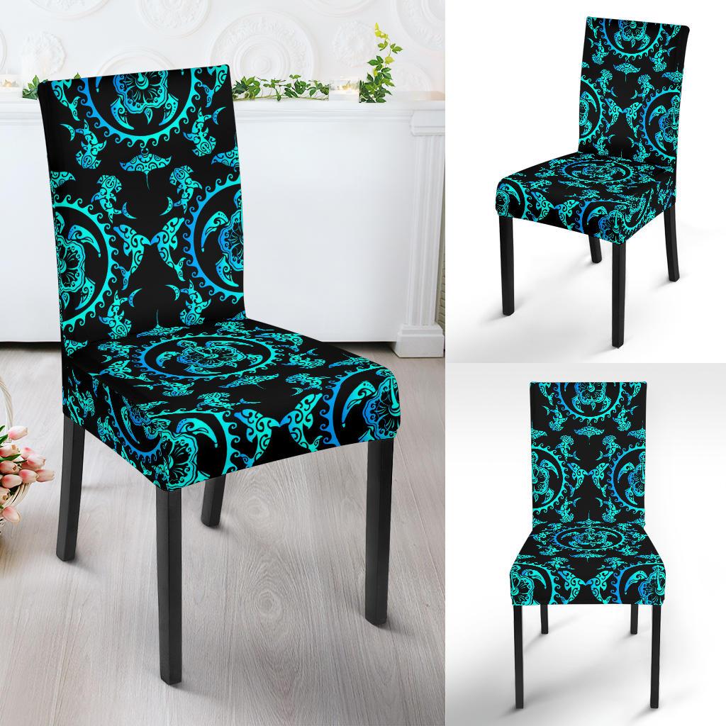 turquoise Tribal Sea Turtle Hawaiian Dining Chair Slipcover-JORJUNE.COM