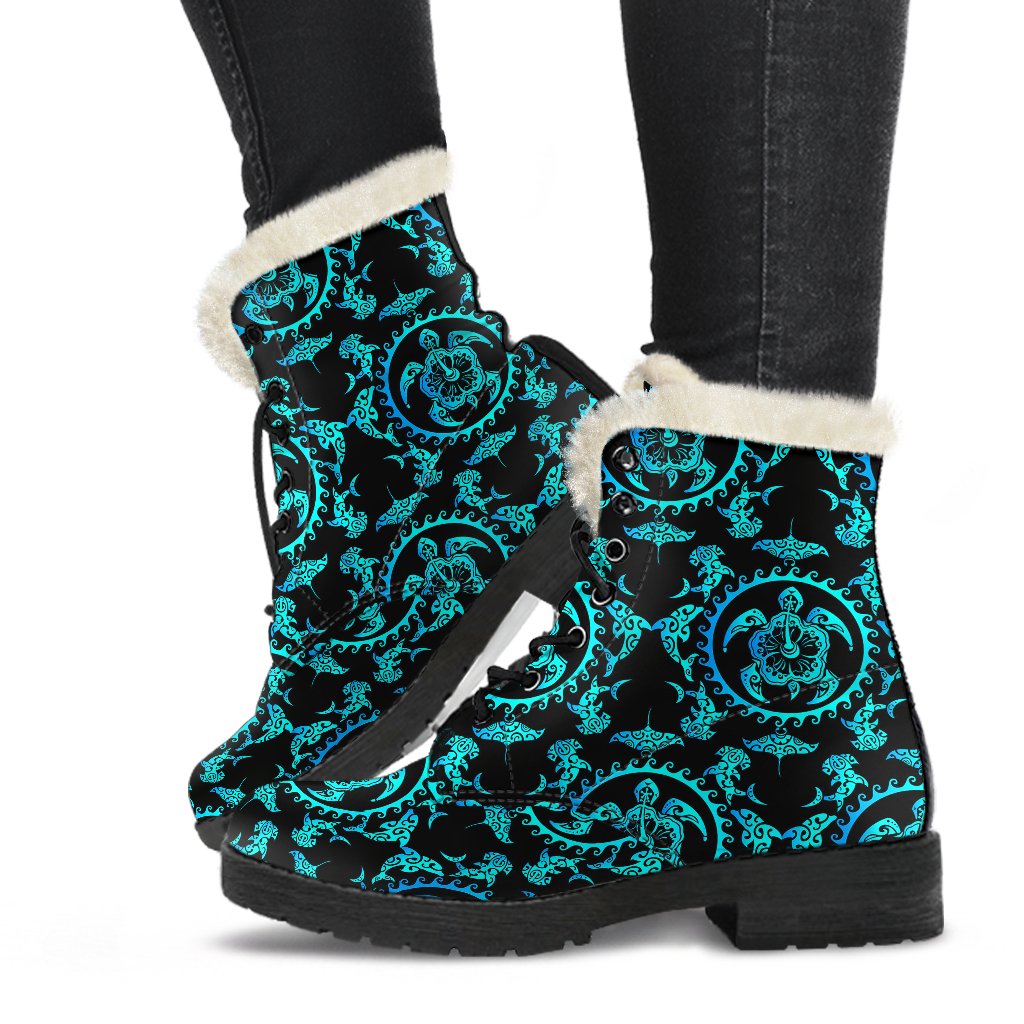 Turquoise Tribal Sea Turtle Hawaiian Faux Fur Leather Boots