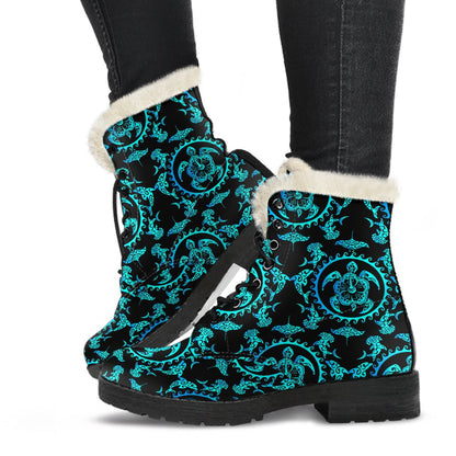 Turquoise Tribal Sea Turtle Hawaiian Faux Fur Leather Boots