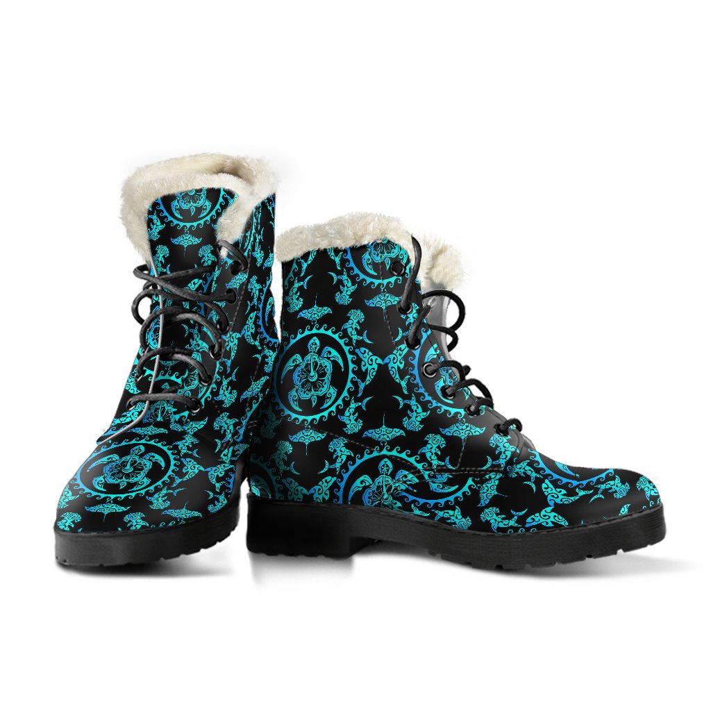 Turquoise Tribal Sea Turtle Hawaiian Faux Fur Leather Boots