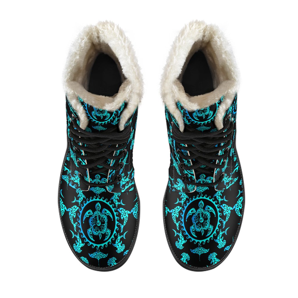 Turquoise Tribal Sea Turtle Hawaiian Faux Fur Leather Boots