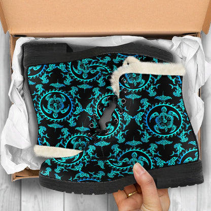 Turquoise Tribal Sea Turtle Hawaiian Faux Fur Leather Boots