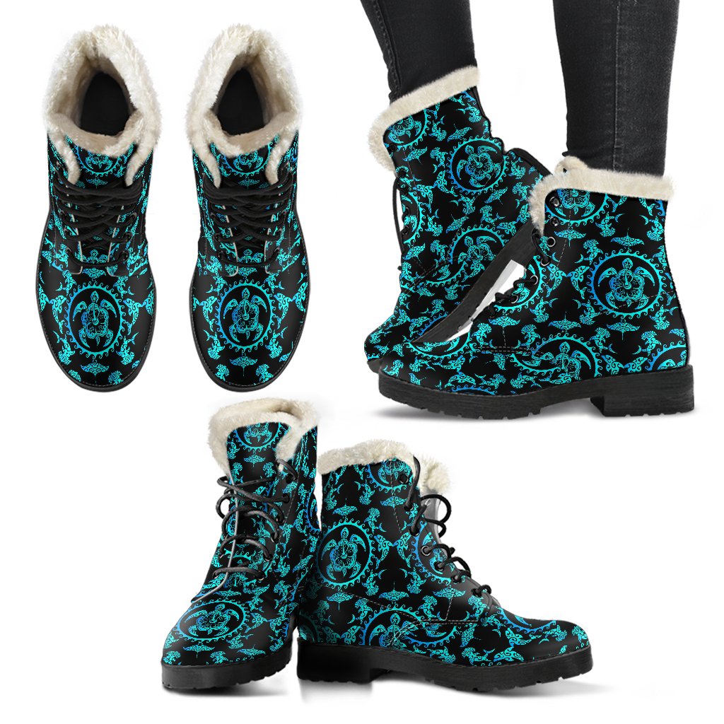 Turquoise Tribal Sea Turtle Hawaiian Faux Fur Leather Boots