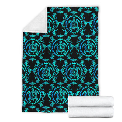 Turquoise Tribal Sea Turtle Hawaiian Fleece Blanket