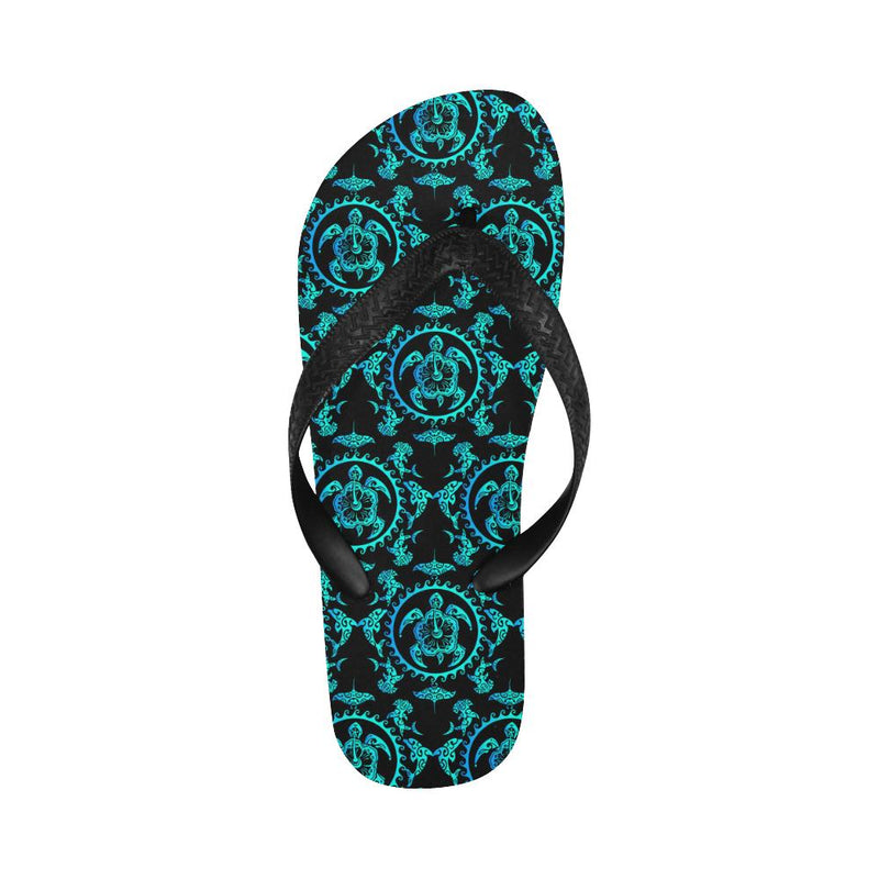 turquoise Tribal Sea Turtle Hawaiian Flip Flops-JorJune