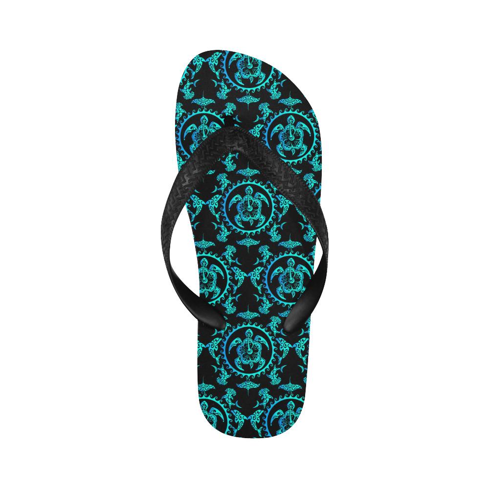 turquoise Tribal Sea Turtle Hawaiian Flip Flops-JorJune