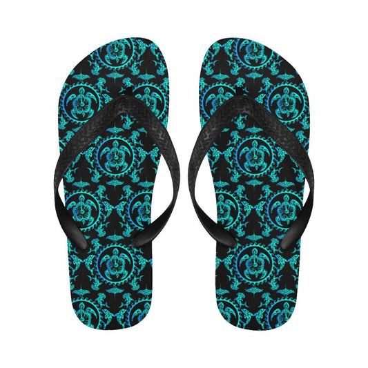 turquoise Tribal Sea Turtle Hawaiian Flip Flops-JorJune