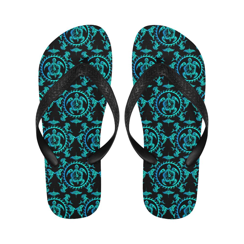 turquoise Tribal Sea Turtle Hawaiian Flip Flops-JorJune