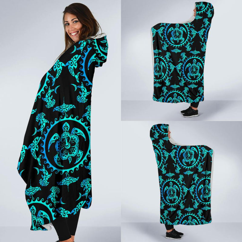 turquoise Tribal Sea Turtle Hawaiian Hooded Blanket-JORJUNE.COM