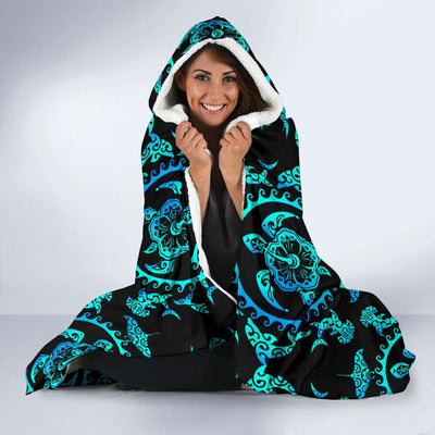 turquoise Tribal Sea Turtle Hawaiian Hooded Blanket-JORJUNE.COM