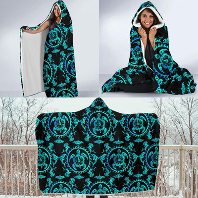 turquoise Tribal Sea Turtle Hawaiian Hooded Blanket-JORJUNE.COM