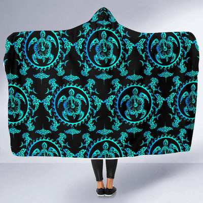 turquoise Tribal Sea Turtle Hawaiian Hooded Blanket-JORJUNE.COM