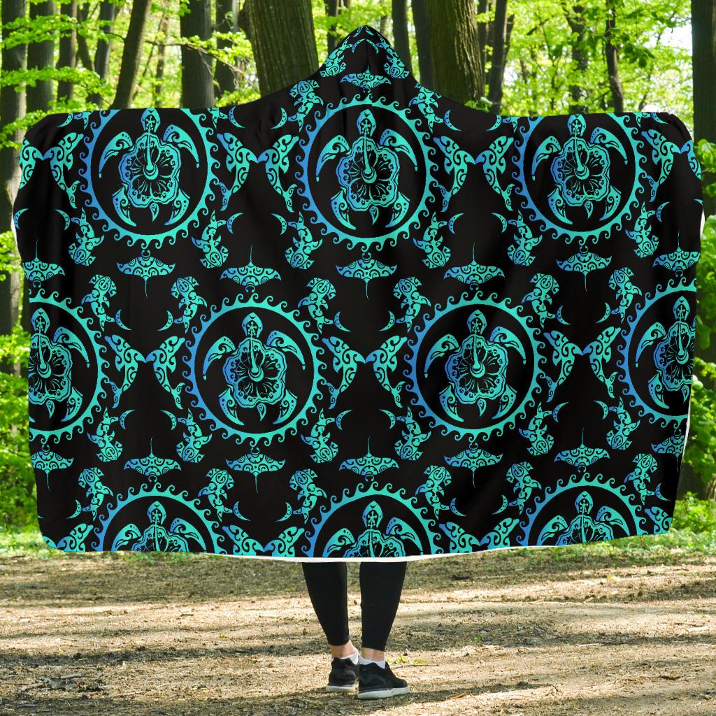 turquoise Tribal Sea Turtle Hawaiian Hooded Blanket-JORJUNE.COM