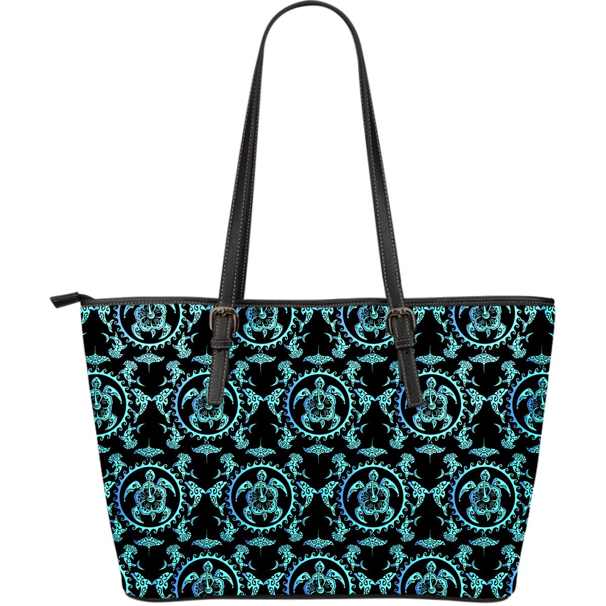 turquoise Tribal Sea Turtle Hawaiian Large Leather Tote Bag