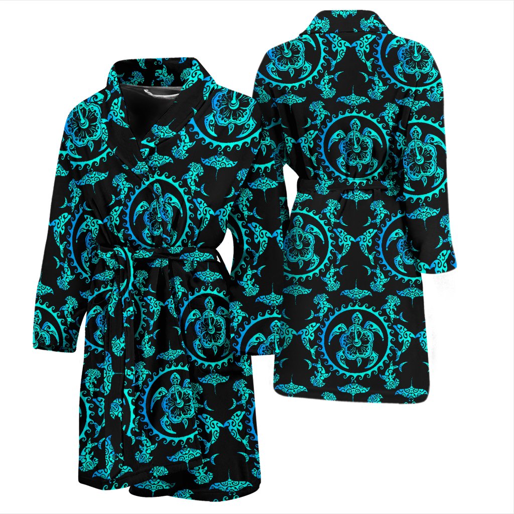 Turquoise Tribal Sea Turtle Hawaiian Men Bath Robe