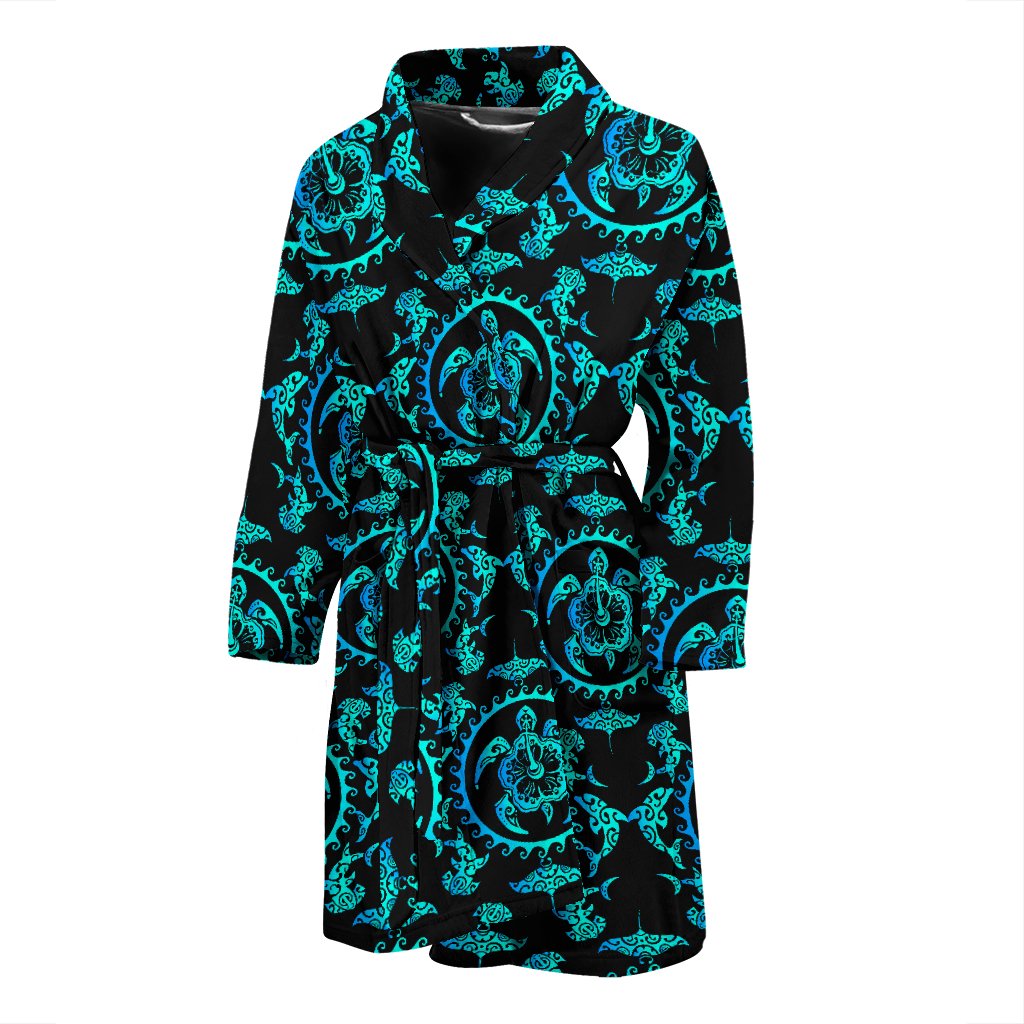 Turquoise Tribal Sea Turtle Hawaiian Men Bath Robe