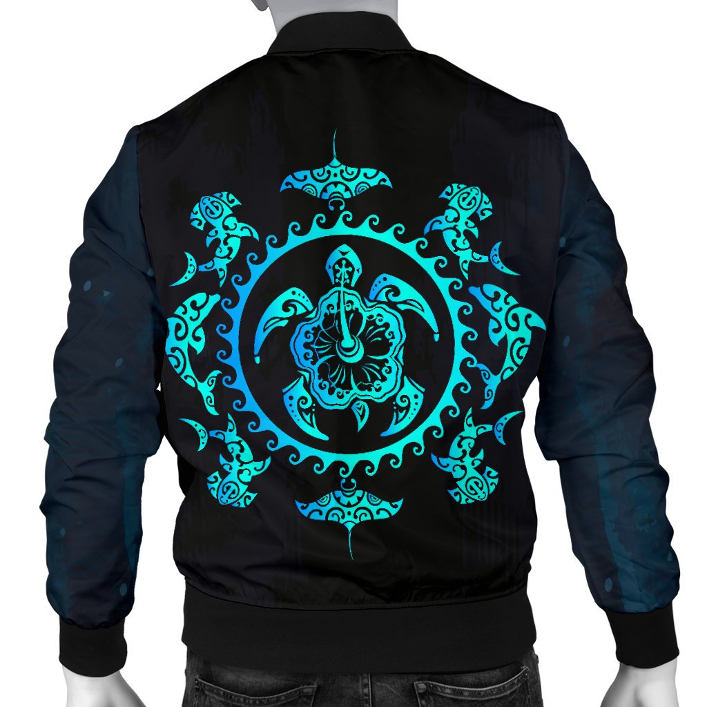 Turquoise Tribal Sea Turtle Hawaiian Men Casual Bomber Jacket