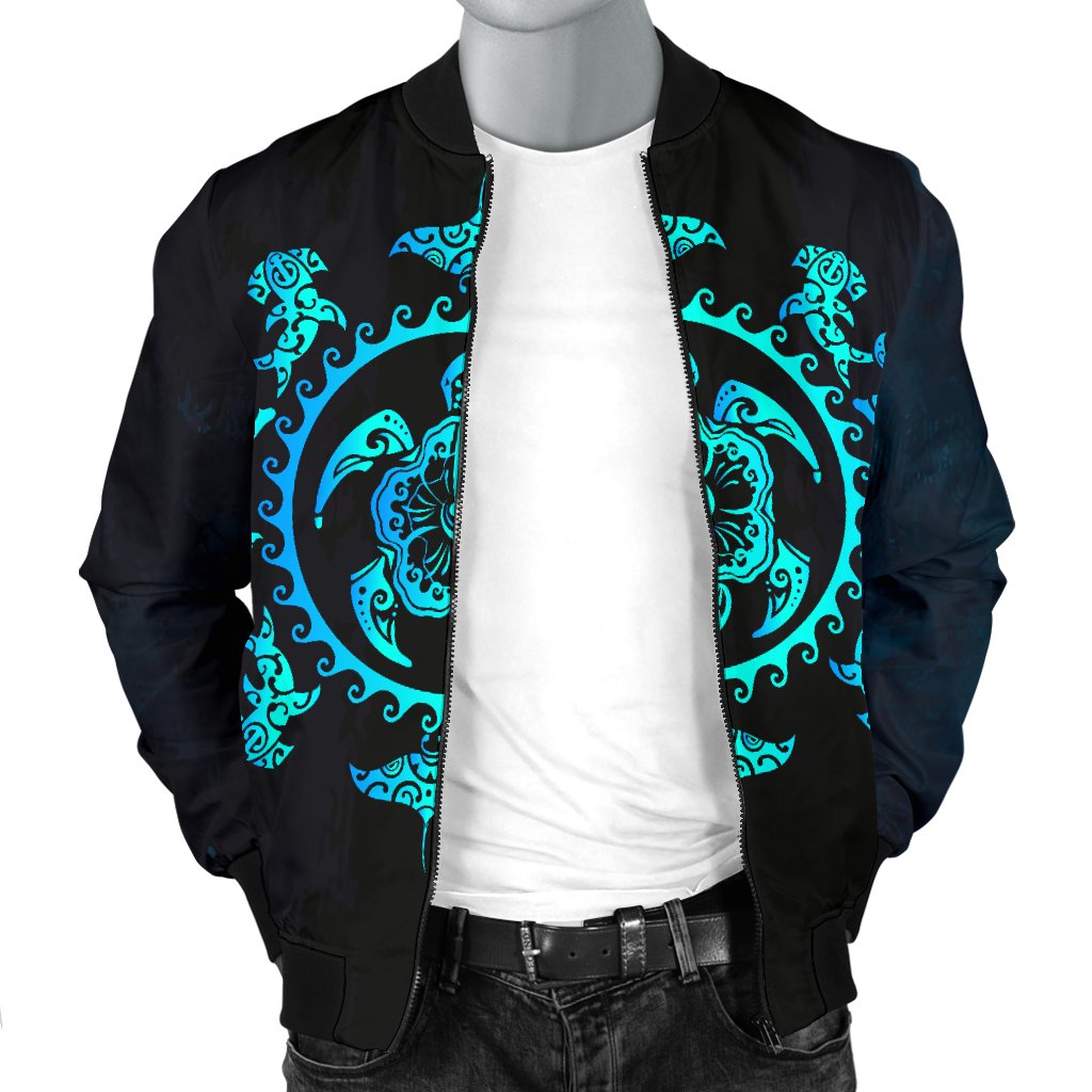 Turquoise Tribal Sea Turtle Hawaiian Men Casual Bomber Jacket