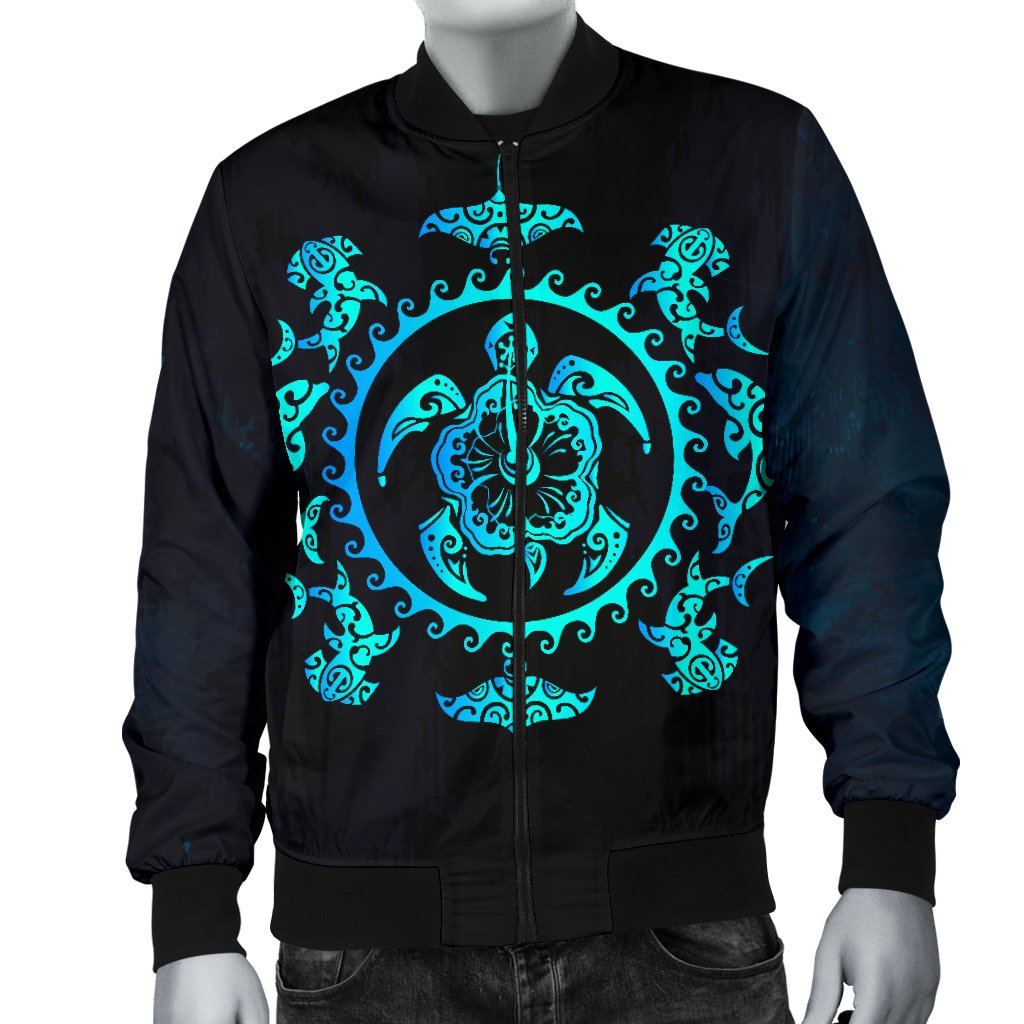 Turquoise Tribal Sea Turtle Hawaiian Men Casual Bomber Jacket