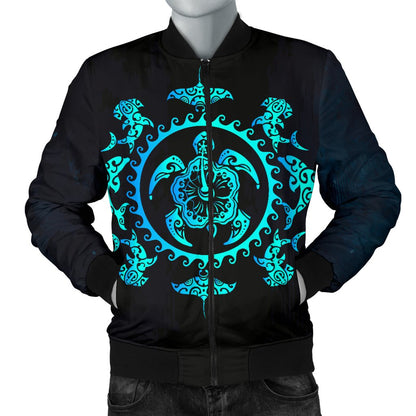 Turquoise Tribal Sea Turtle Hawaiian Men Casual Bomber Jacket