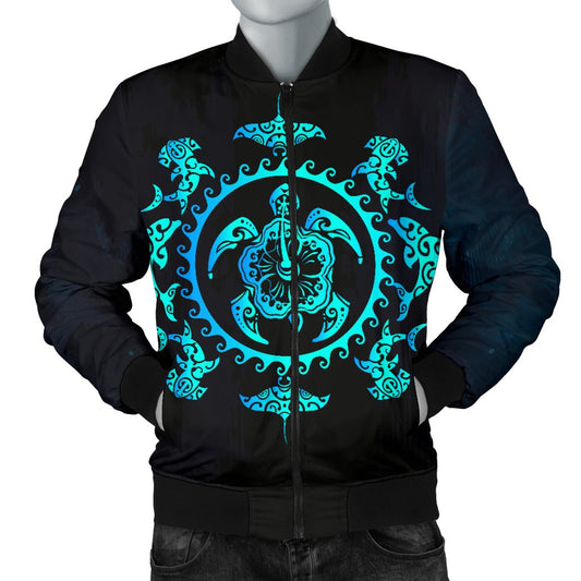 Turquoise Tribal Sea Turtle Hawaiian Men Casual Bomber Jacket
