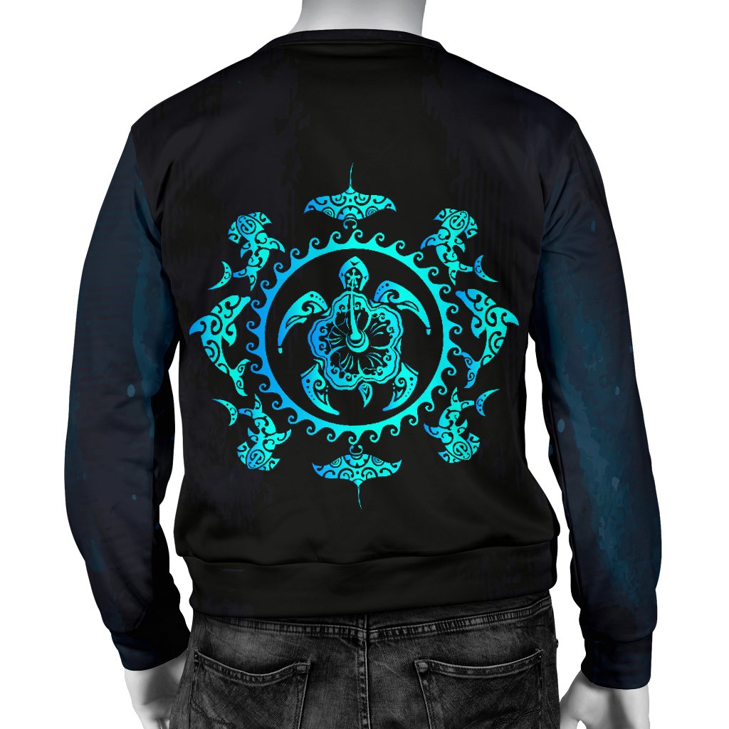 Turquoise Tribal Sea Turtle Hawaiian Men Crewneck Sweatshirt