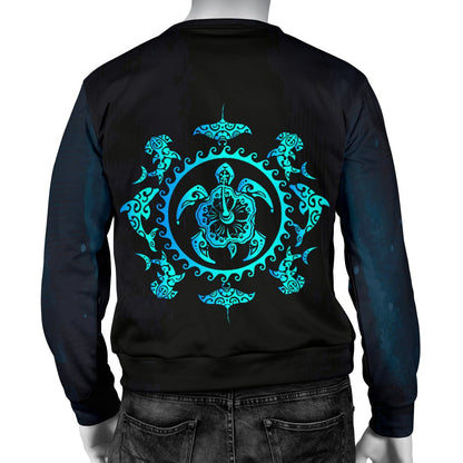 Turquoise Tribal Sea Turtle Hawaiian Men Crewneck Sweatshirt
