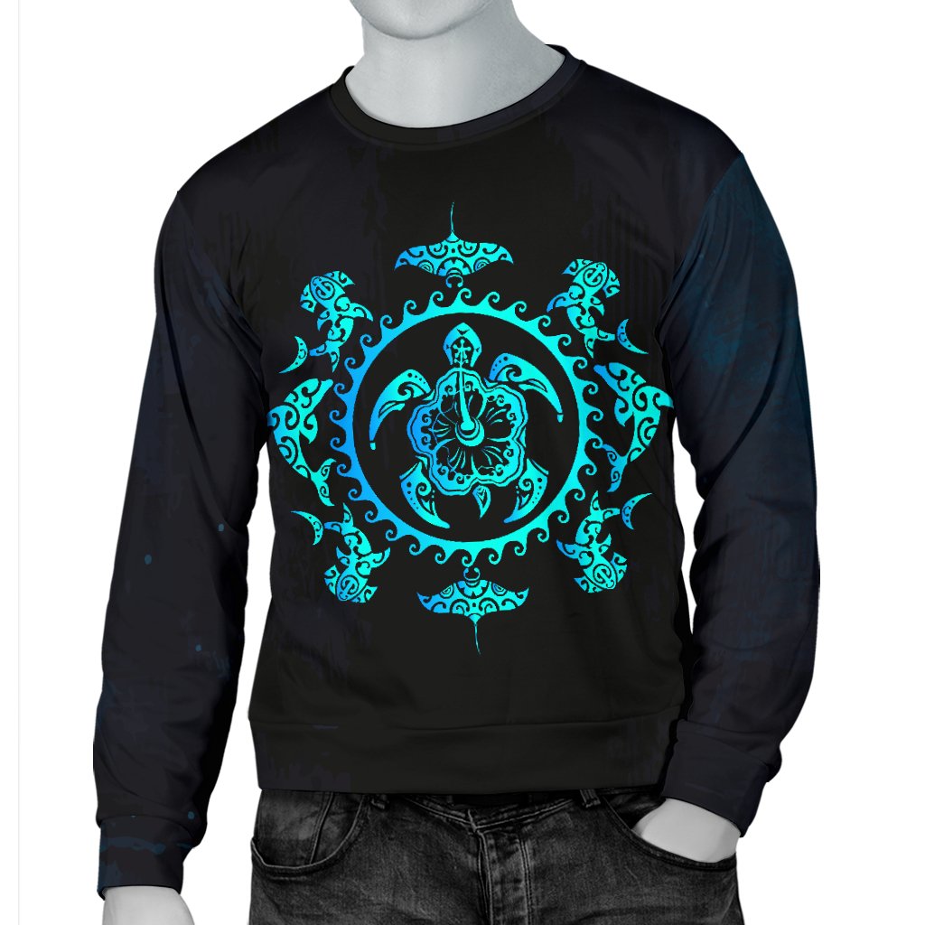 Turquoise Tribal Sea Turtle Hawaiian Men Crewneck Sweatshirt