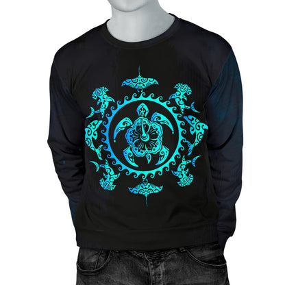 Turquoise Tribal Sea Turtle Hawaiian Men Crewneck Sweatshirt