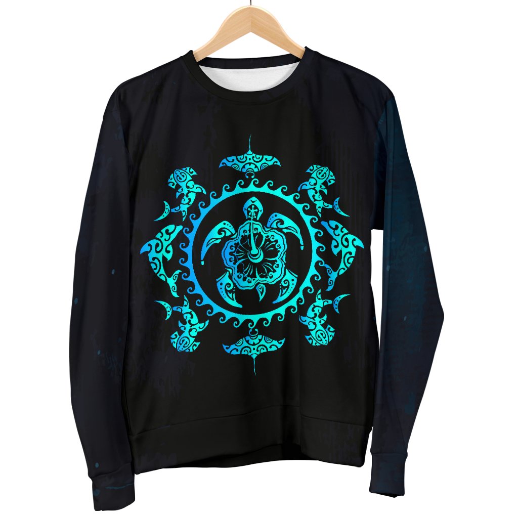 Turquoise Tribal Sea Turtle Hawaiian Men Crewneck Sweatshirt