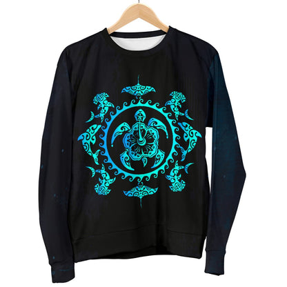 Turquoise Tribal Sea Turtle Hawaiian Men Crewneck Sweatshirt
