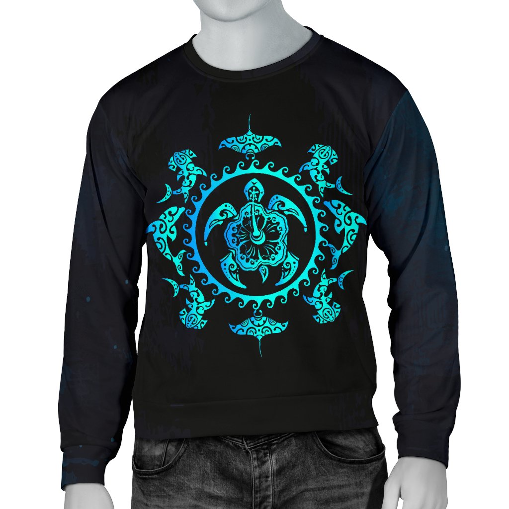 Turquoise Tribal Sea Turtle Hawaiian Men Crewneck Sweatshirt