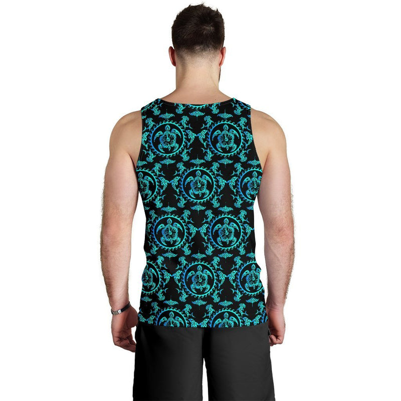 turquoise Tribal Sea Turtle Hawaiian Men Tank Top