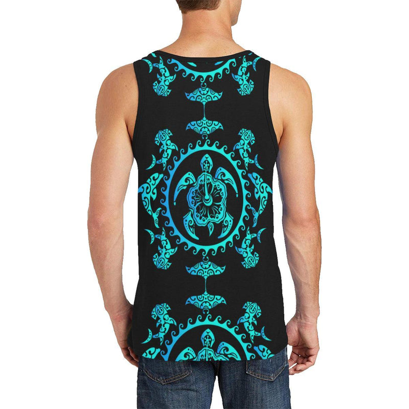 turquoise Tribal Sea Turtle Hawaiian Men Tank Top