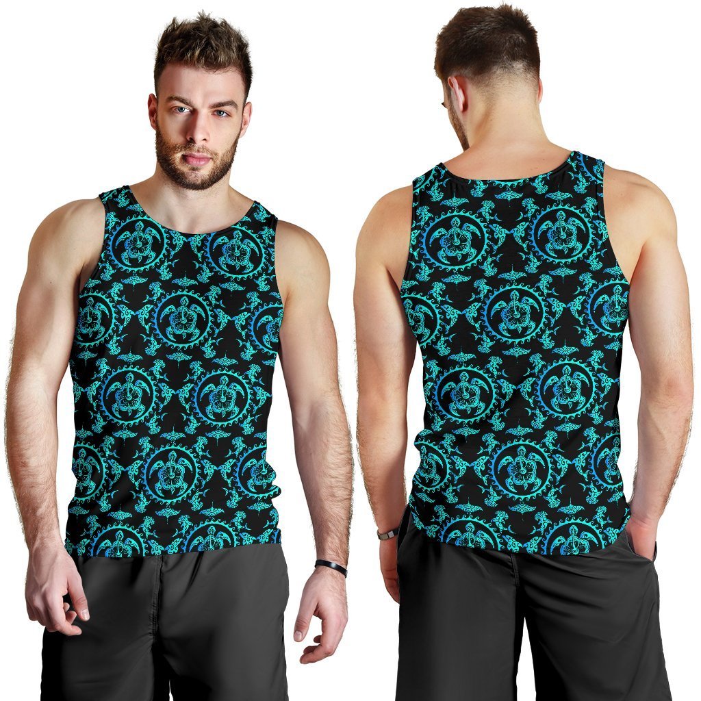 turquoise Tribal Sea Turtle Hawaiian Men Tank Top