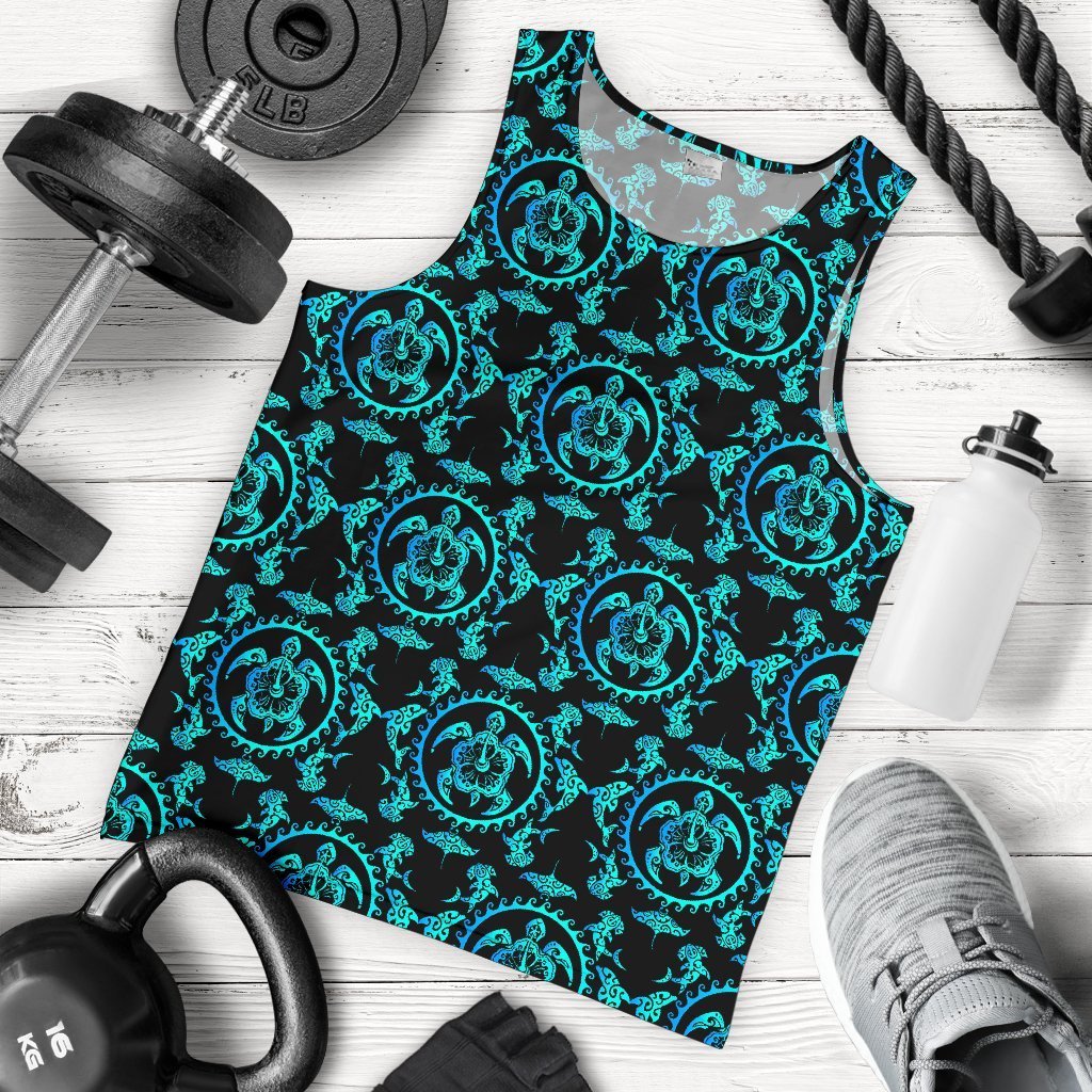 turquoise Tribal Sea Turtle Hawaiian Men Tank Top
