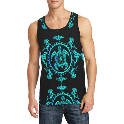 turquoise Tribal Sea Turtle Hawaiian Men Tank Top