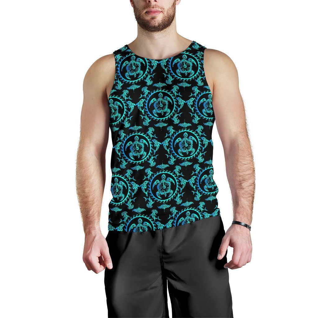 turquoise Tribal Sea Turtle Hawaiian Men Tank Top