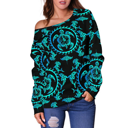 Turquoise Tribal Sea Turtle Hawaiian Off Shoulder Sweatshirt