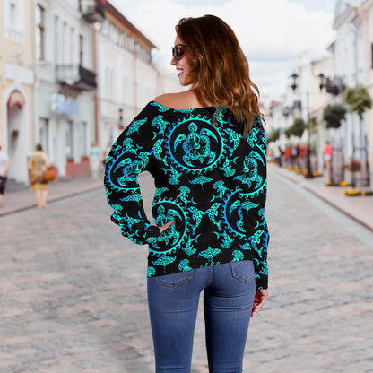 Turquoise Tribal Sea Turtle Hawaiian Off Shoulder Sweatshirt